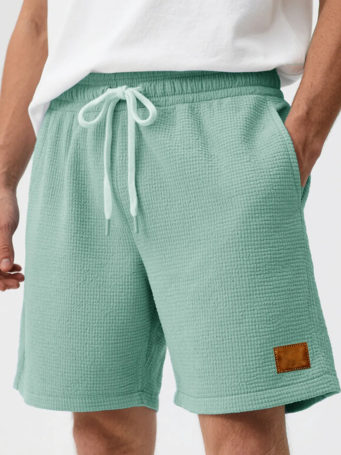Men's Fashion Casual Waffle Fabric Embroidered Logo Lace-up Loose Shorts