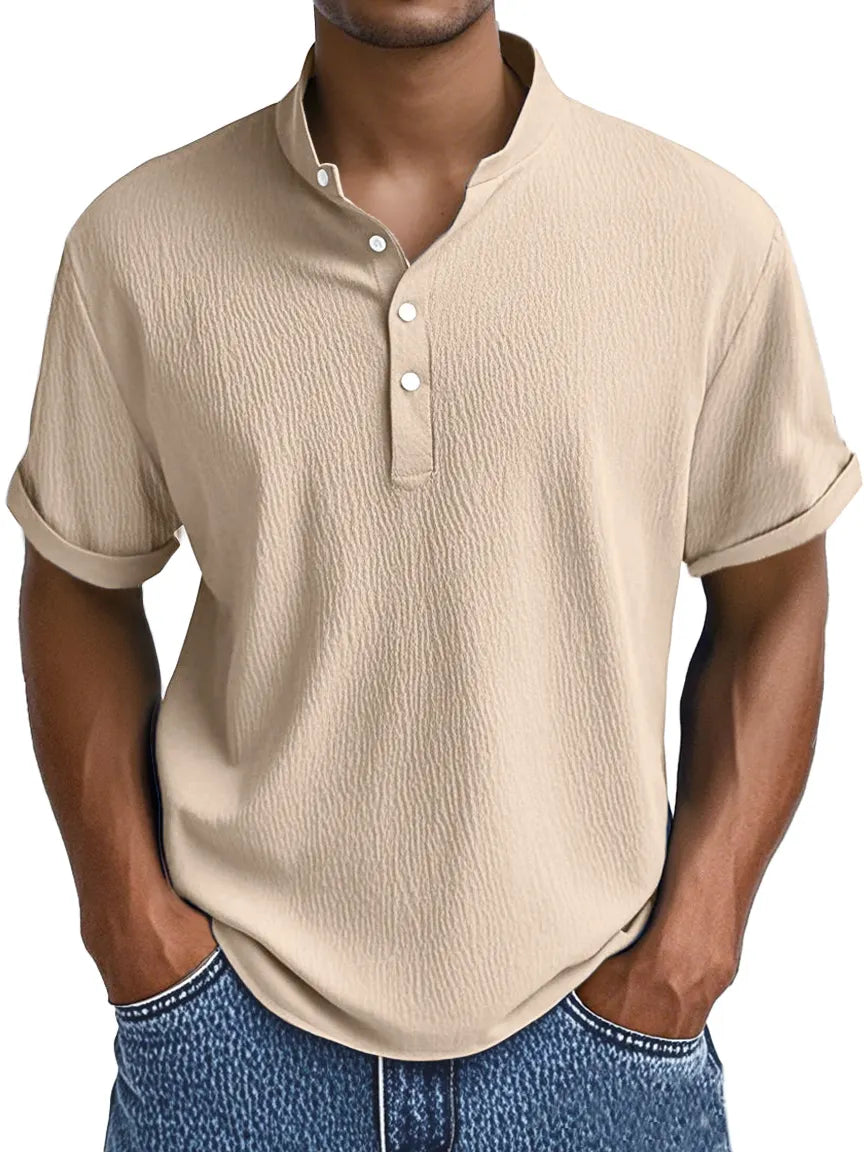 Men's Summer Daily Solid Color Pleated Texture Short-sleeved Henley Shirt