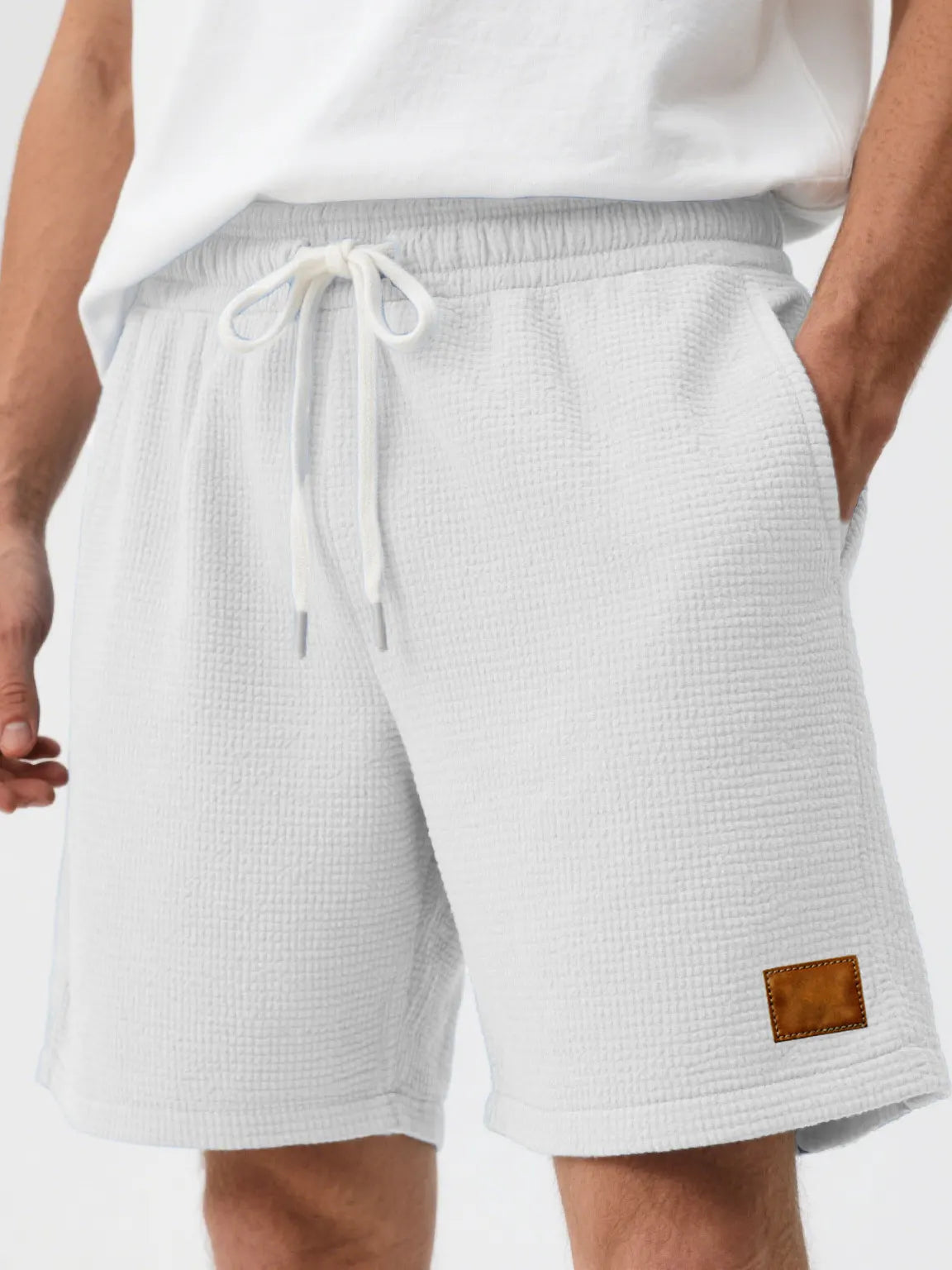 Men's Fashion Casual Waffle Fabric Embroidered Logo Lace-up Loose Shorts