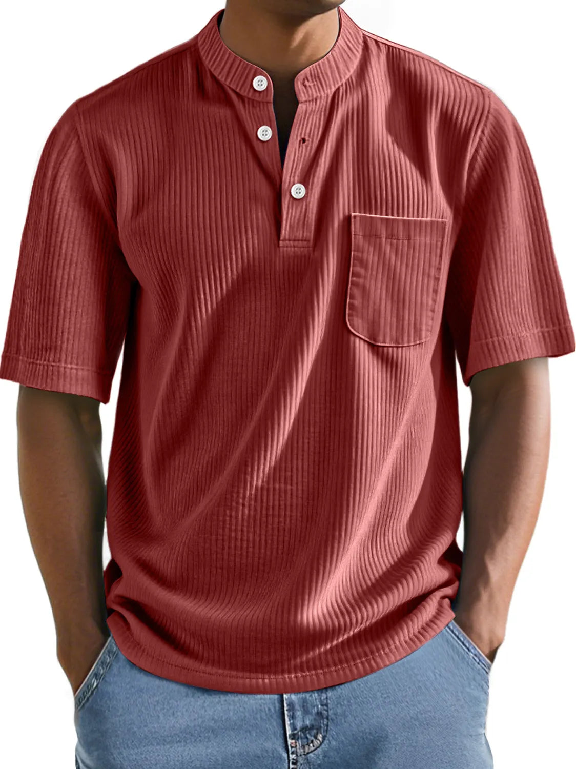Men's Everyday Stand Collar Ribbed Pocket Comfort Short Sleeve Henley Shirt