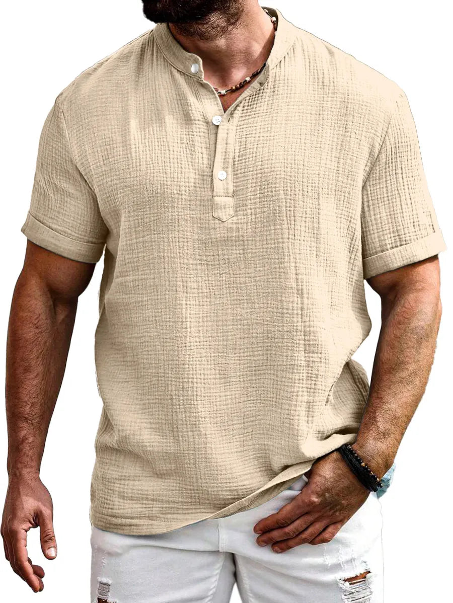 Men's Everyday Solid Color Texture Short-sleeved Half-open Collar Henley Shirt