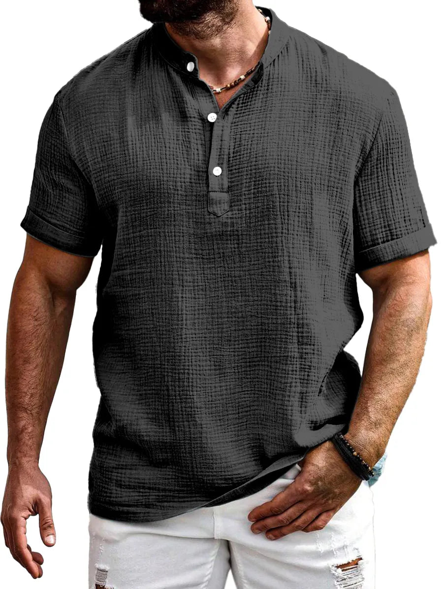 Men's Everyday Solid Color Texture Short-sleeved Half-open Collar Henley Shirt