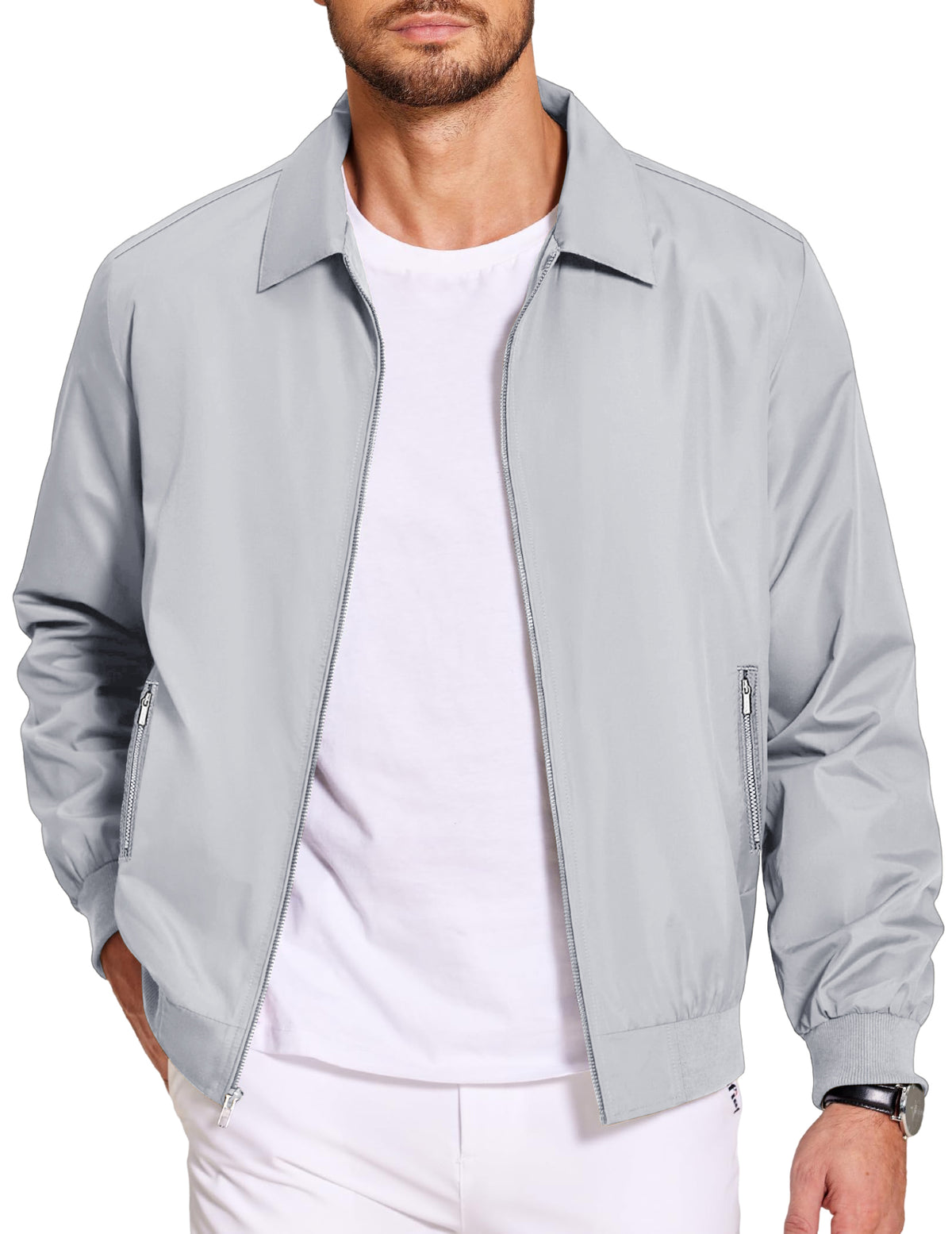Men's Lightweight Jackets Casual Bomber Windbreaker Zip Up Collared Jacket Golf Windproof Coat