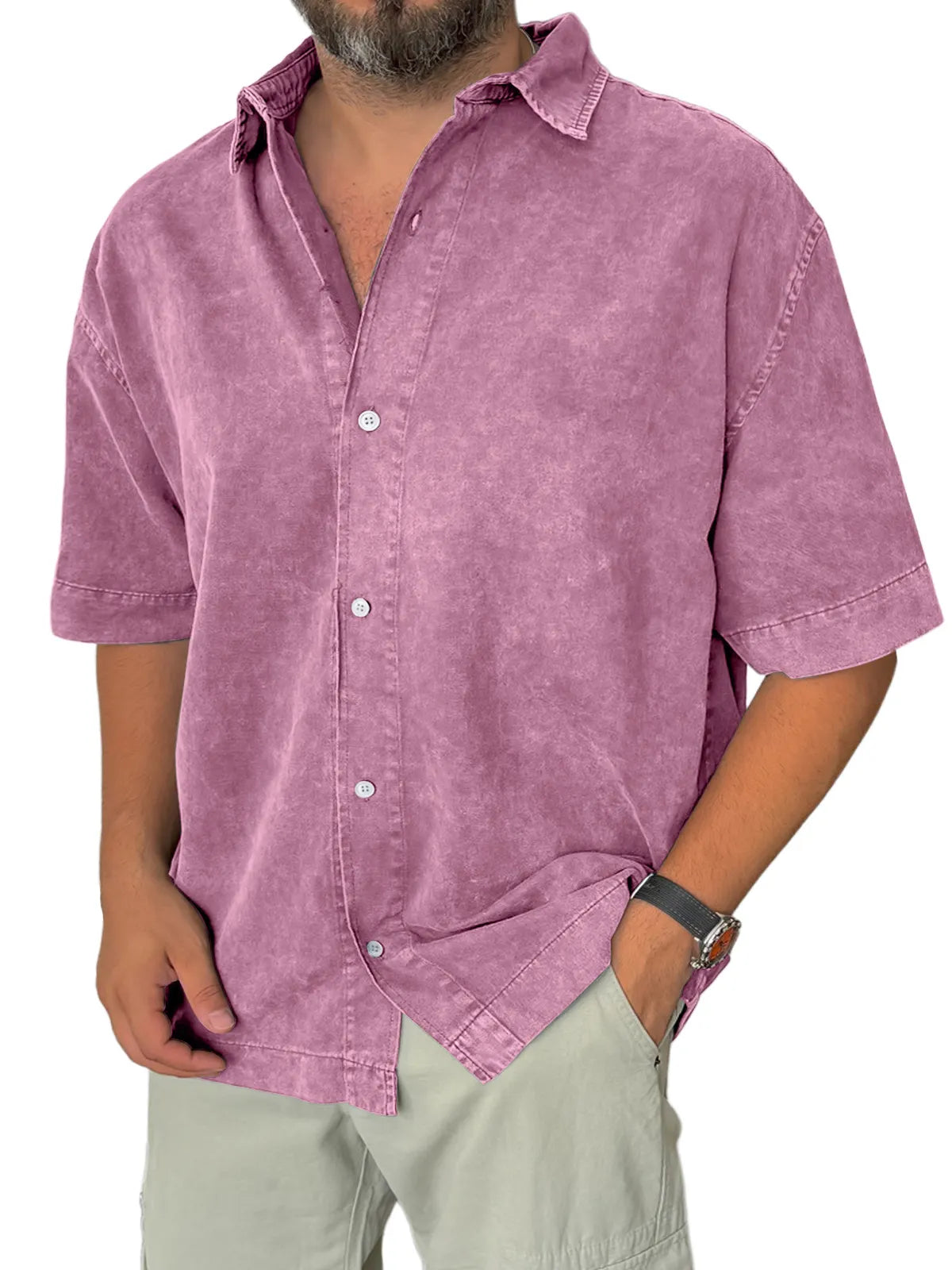 Men's Retro Everyday Casual Lapel Solid Color Short Sleeve Shirt