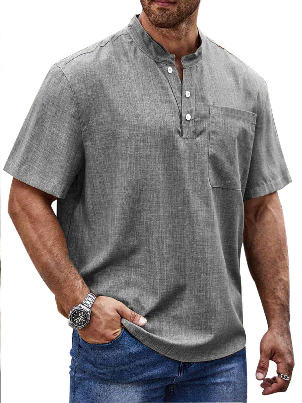 Men's Simple Daily Solid Color Short Sleeve Button Stand Collar Polo Shirt