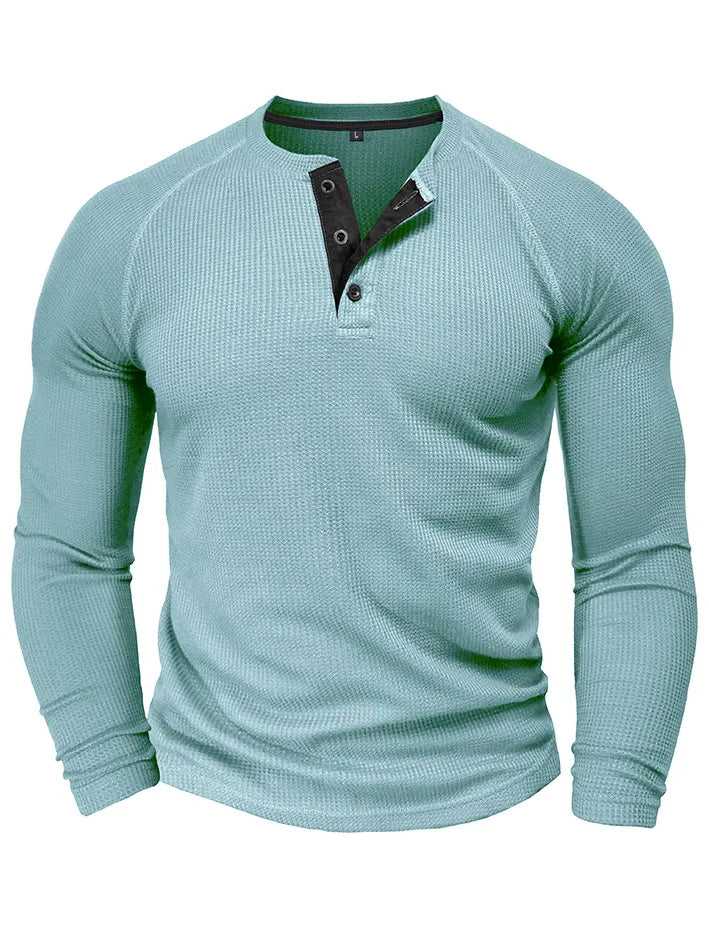 Men's Waffle Henley Collar Textured Long-sleeved Top