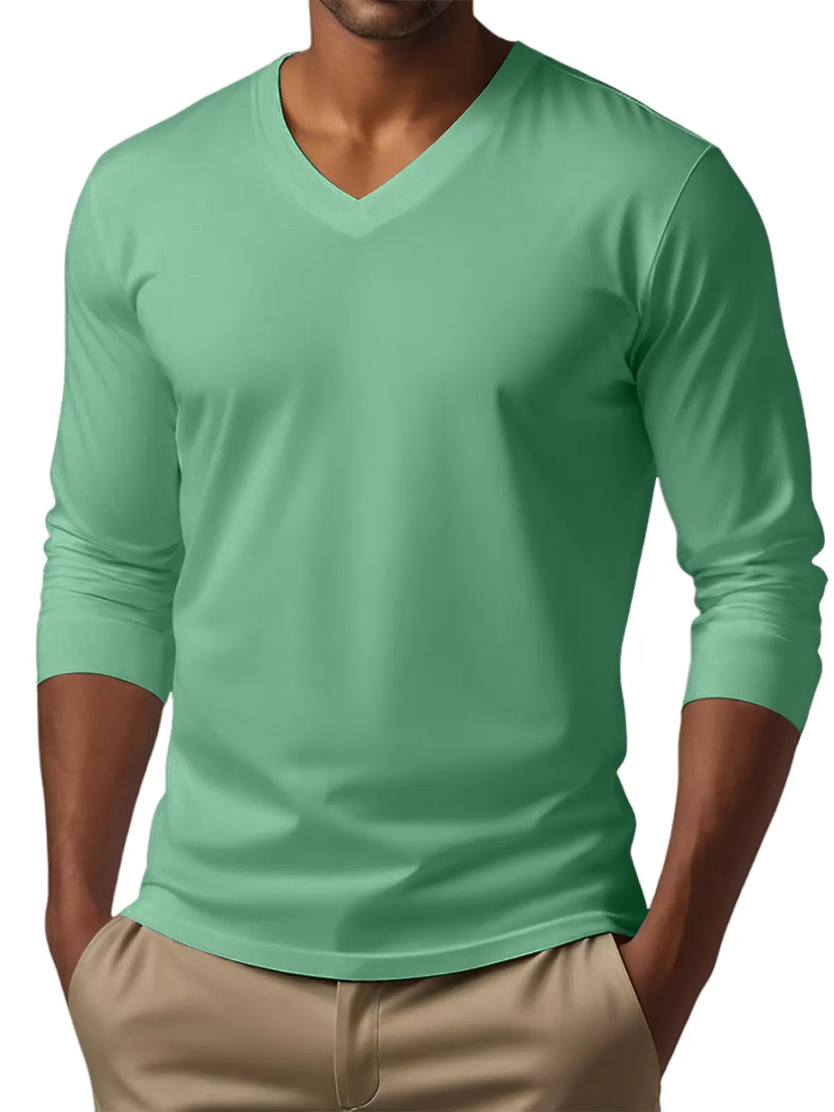 Men's V-neck casual solid color long-sleeved T-shirt