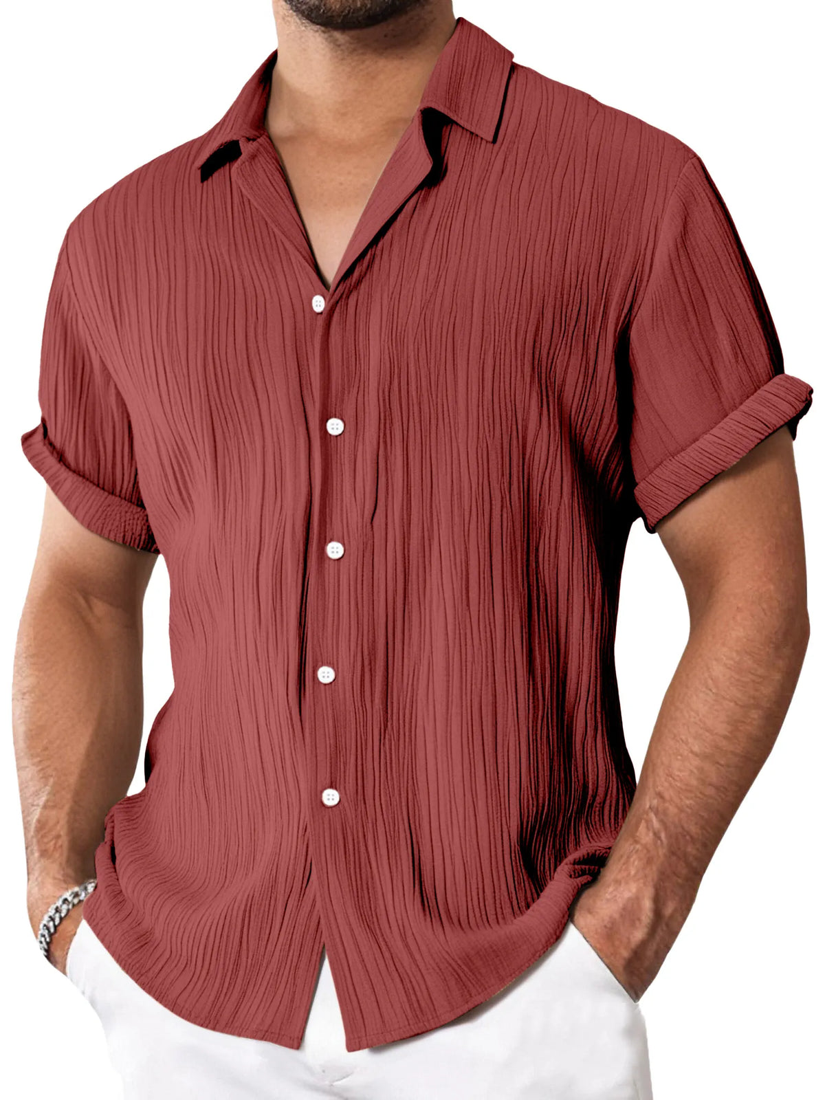 Men's Simple Everyday Textured Short Sleeve Lapel Button-down Shirt