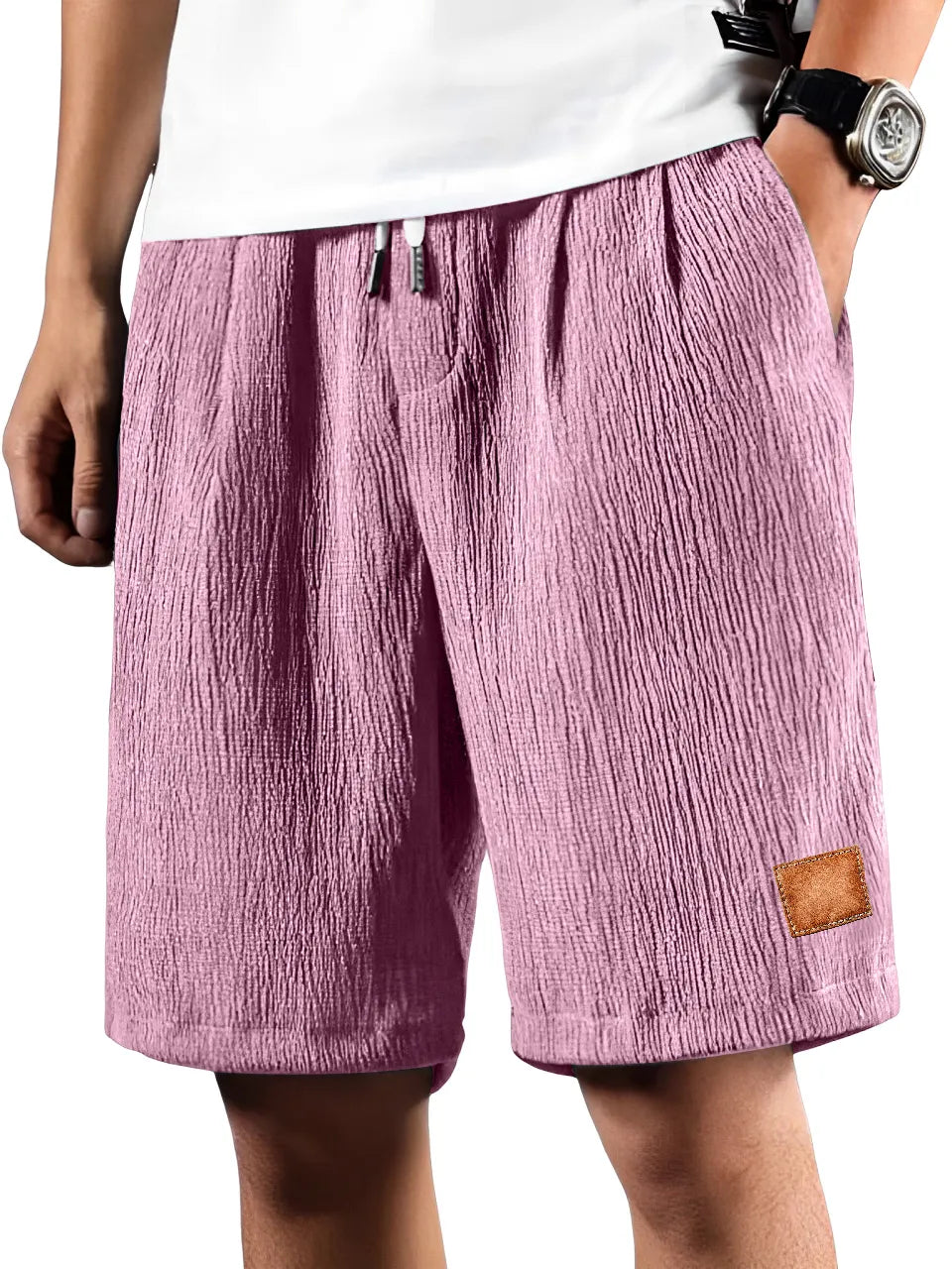 Men's Daily Pleated Texture Embroidered Logo Drawstring Casual Shorts