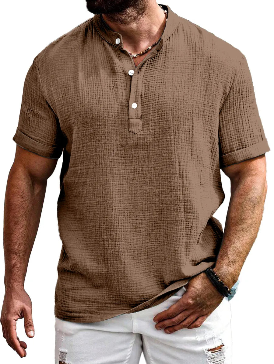 Men's Everyday Solid Color Texture Short-sleeved Half-open Collar Henley Shirt