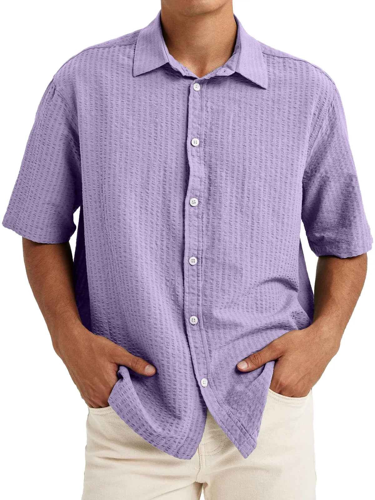 Men's Casual Textured Lapel Solid Color Short-sleeved Shirt
