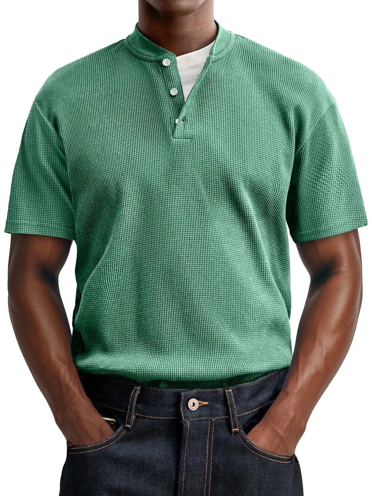 Men's Waffle Casual Button Up Comfort Short Sleeve Henley