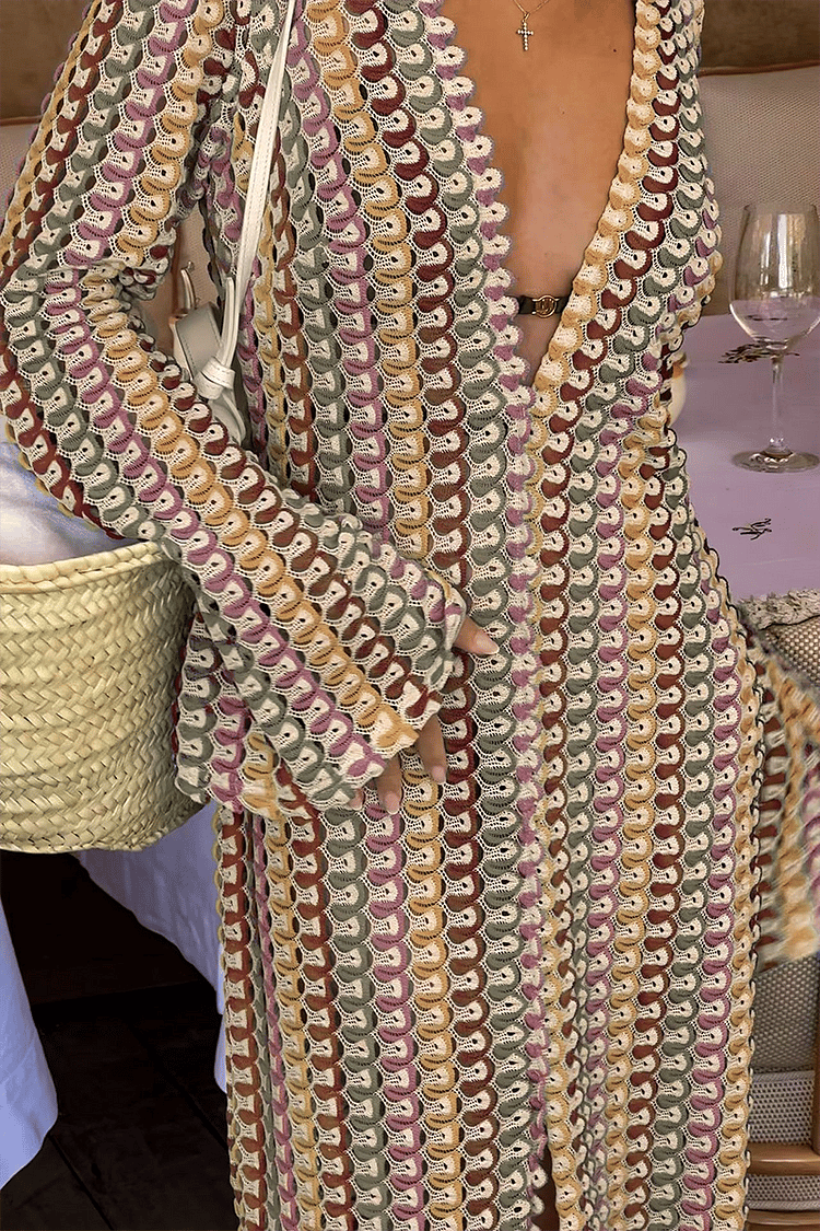 BOHO V NECK BELL SLEEVE WAVY STRIPED CROCHET BEACH VACATION MAXI DRESS