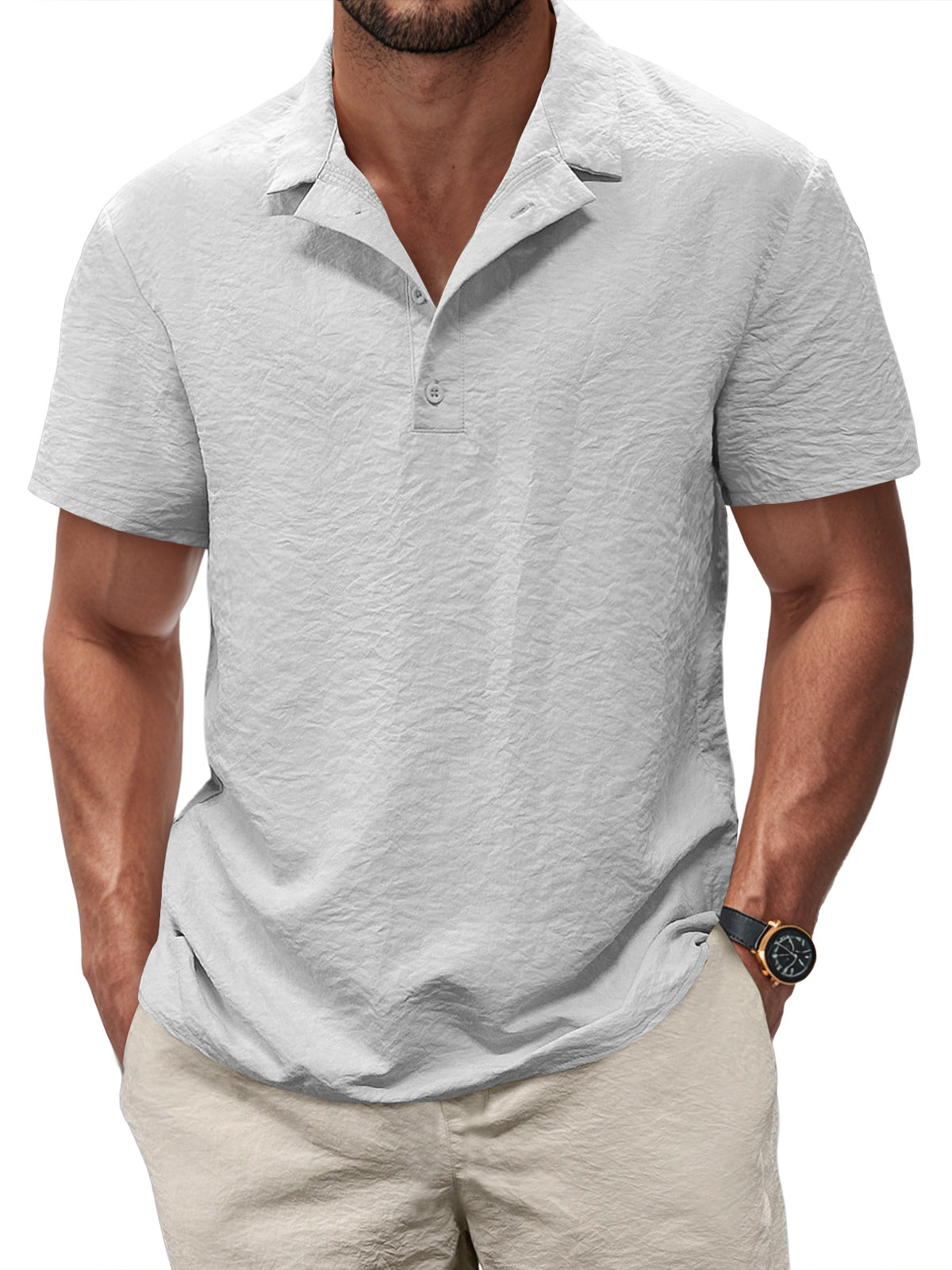 Men's Casual Pleated Texture Button Solid Color Short-sleeved Polo Shirt