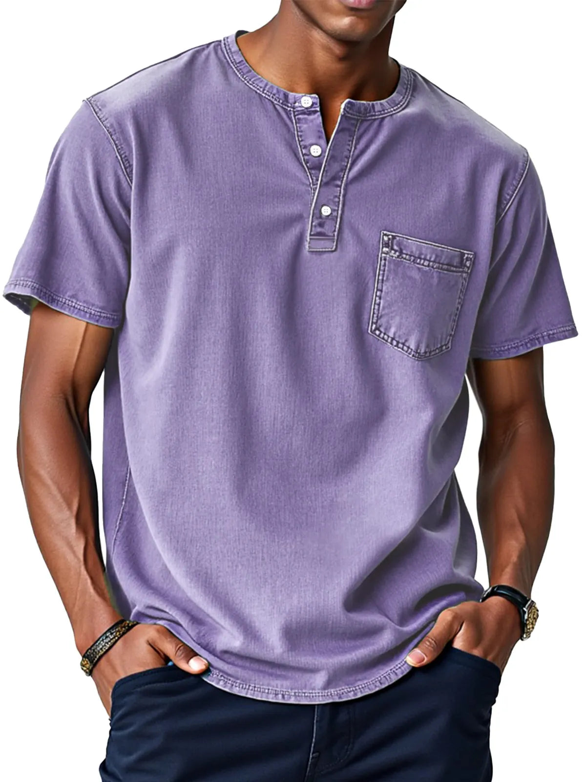 Men's Retro Solid Color Loose Button Stand Collar Short Sleeve Henley Shirt