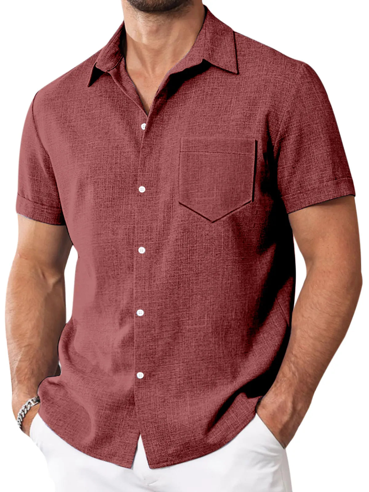 Men's Simple Solid Color Imitation Linen Lapel Button-down Short-sleeved Shirt