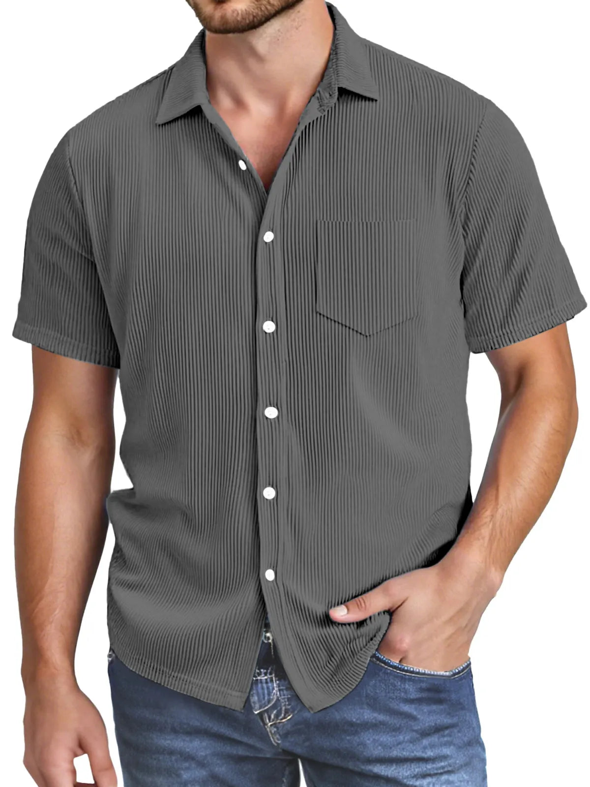 Men's Simple Solid Color Vertical Pit Texture Button Lapel Short-sleeved Shirt