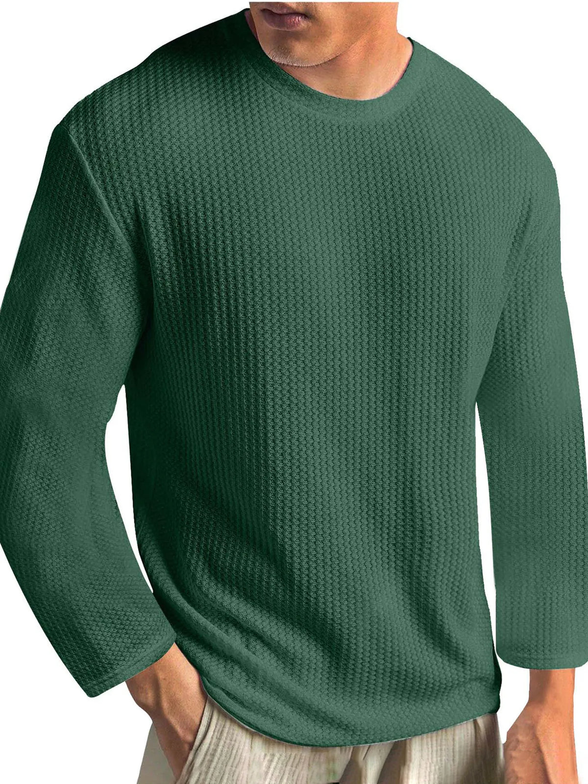 Men's Knitted Waffle Fabric Solid Color Basic Casual Base Outer Wear Long-sleeved T-shirt
