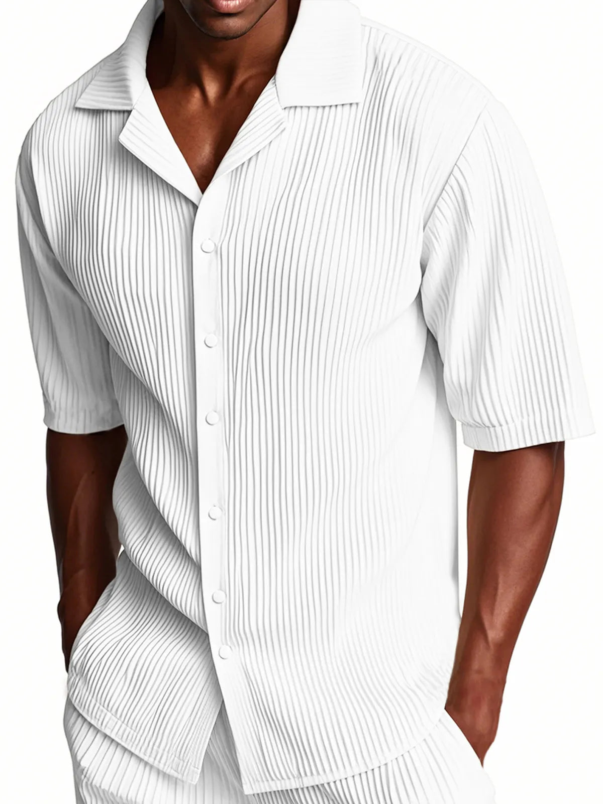 Men's Pleated Cuban Collar Casual Ribbed Fabric Short Sleeve Lapel Shirt