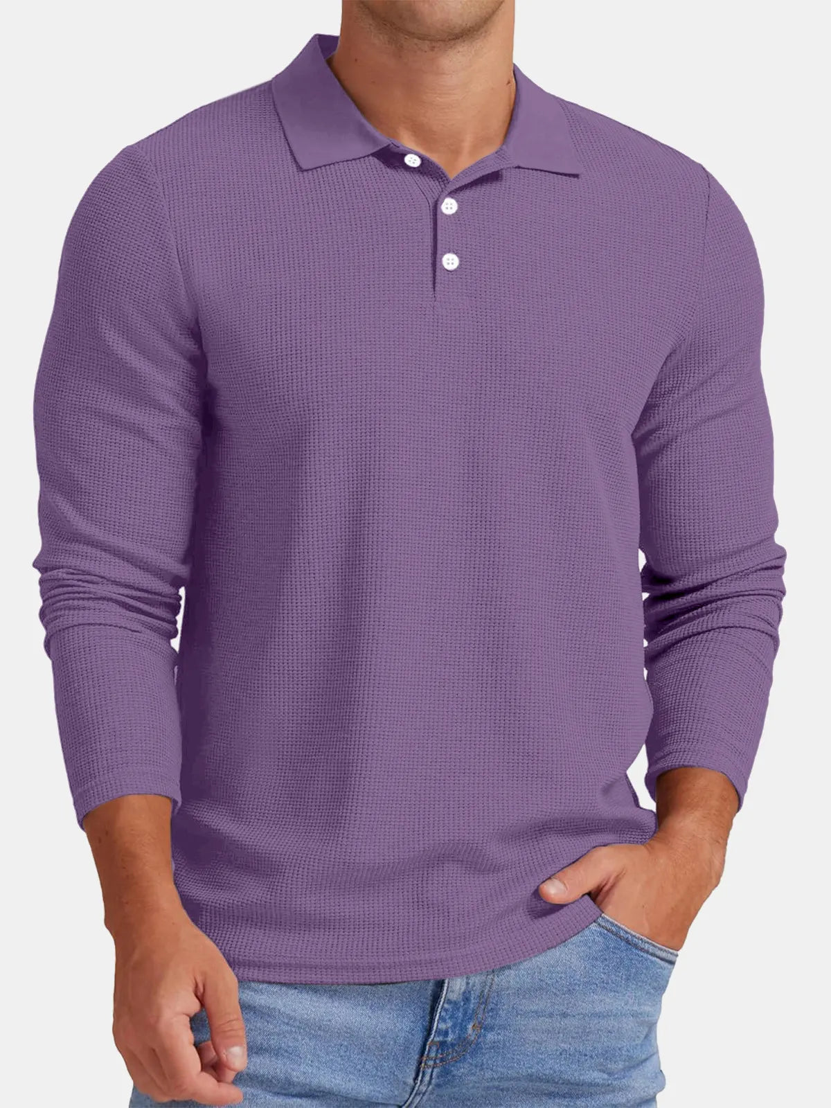 Men's Autumn Comfortable Solid Color Waffle Button Long Sleeve Polo Shirt