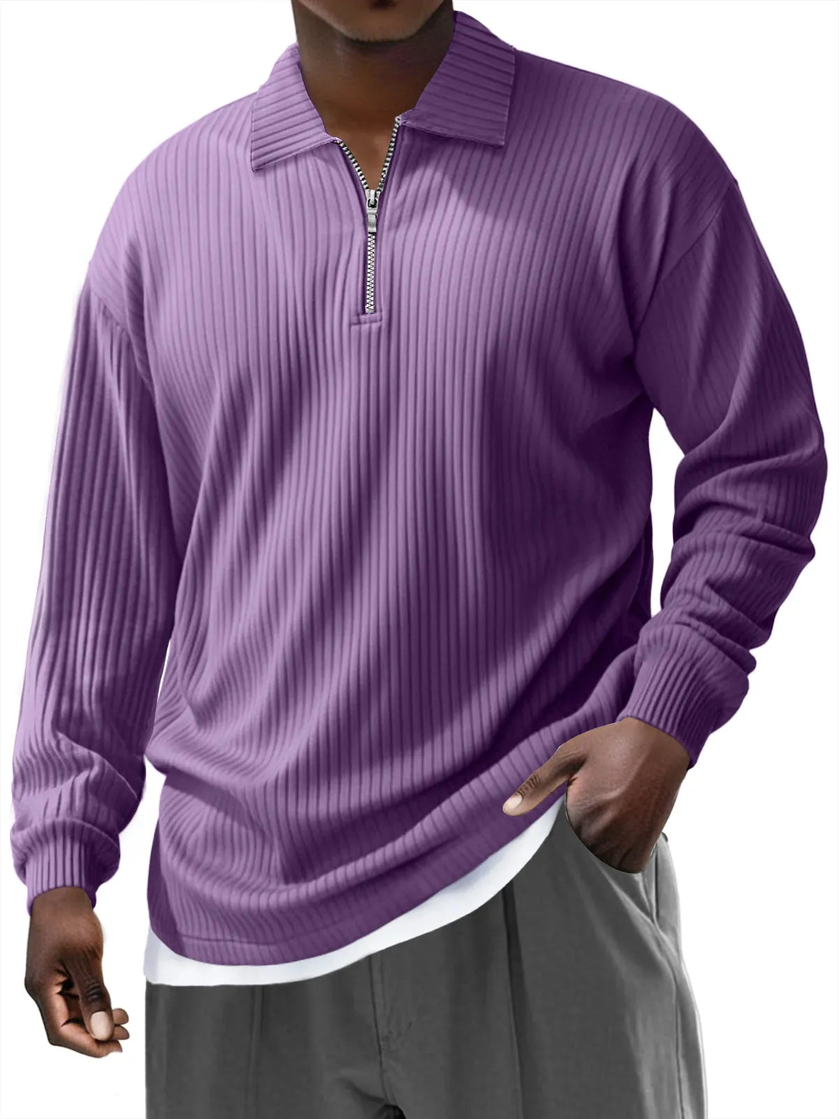 Men's Pit Zipper Lapel Solid Color Long-sleeved Polo Shirt