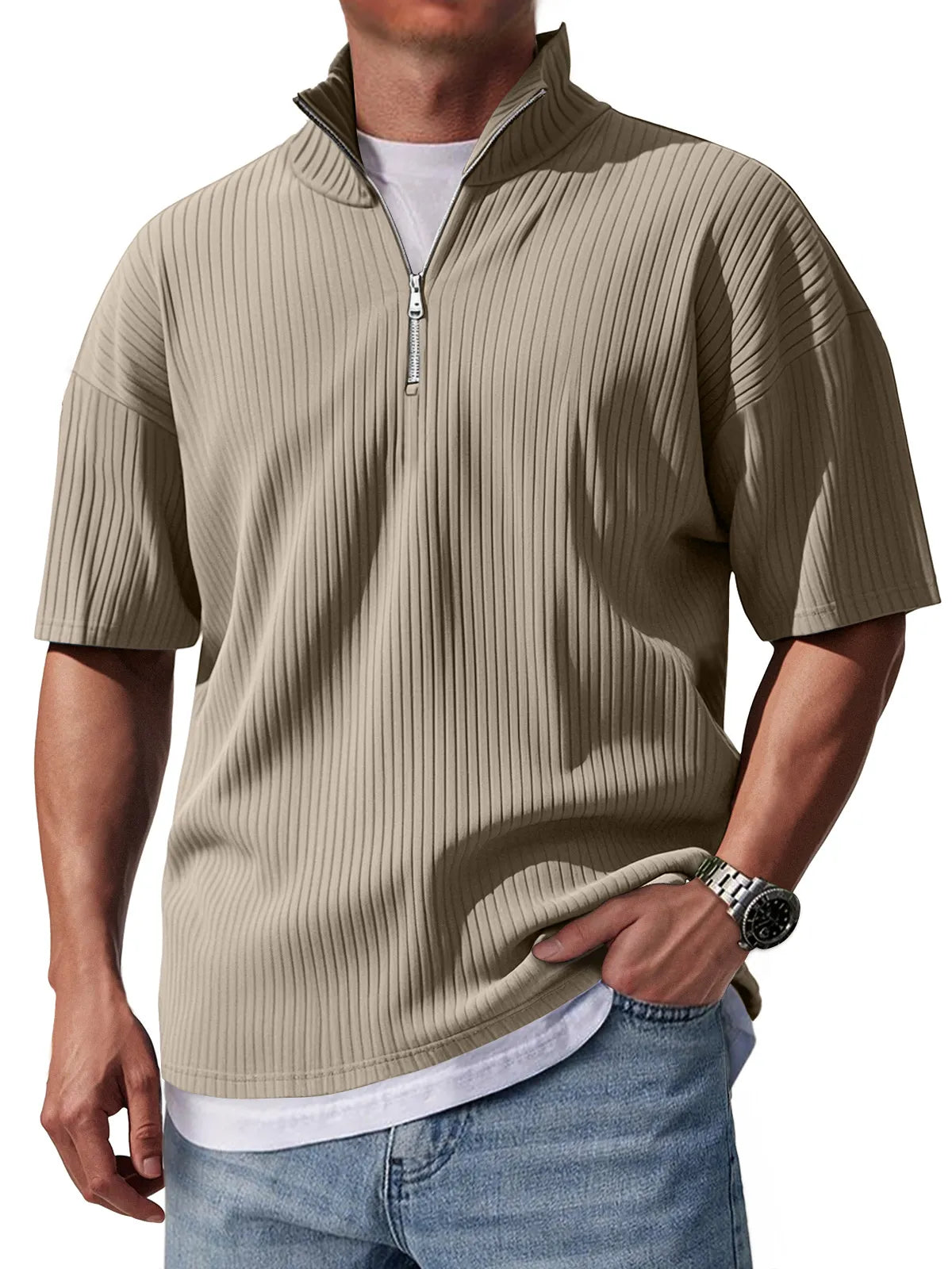 Men's Stand Collar Zipper Pit Casual Solid Color Short-sleeved T-shirt