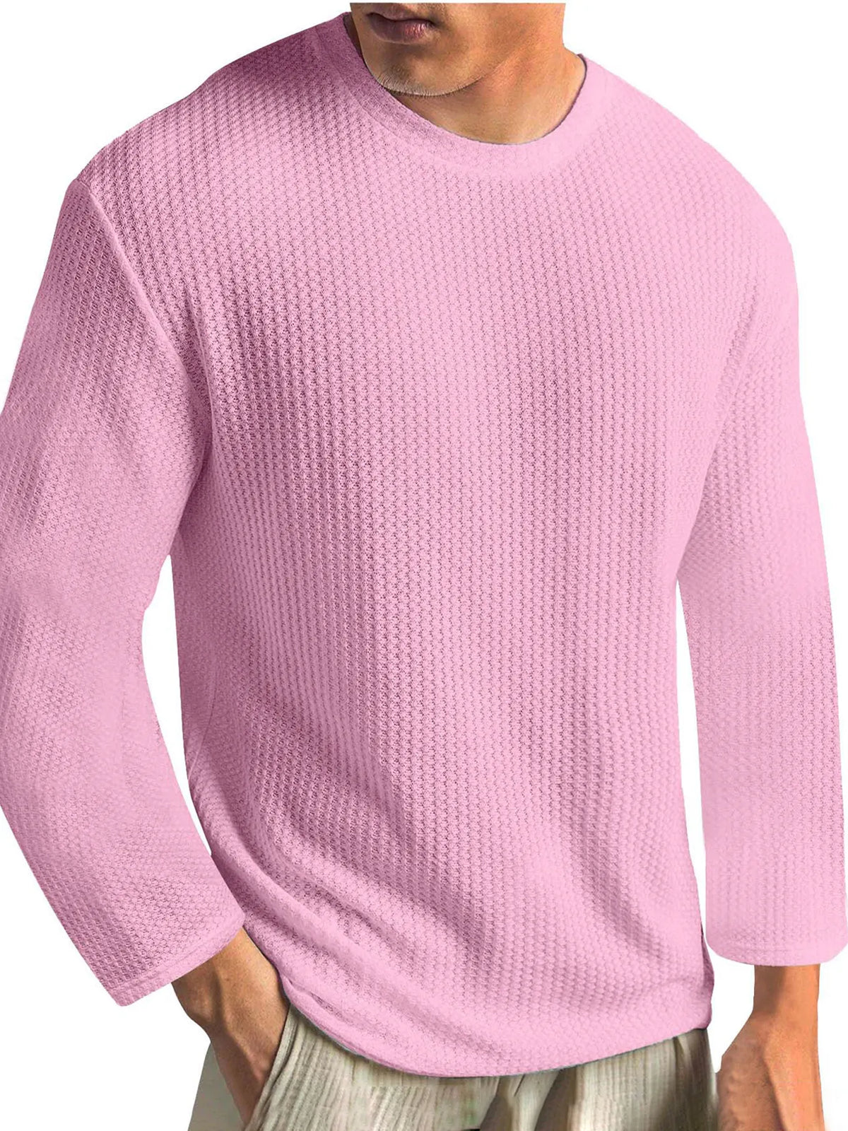 Men's Knitted Waffle Fabric Solid Color Basic Casual Base Outer Wear Long-sleeved T-shirt
