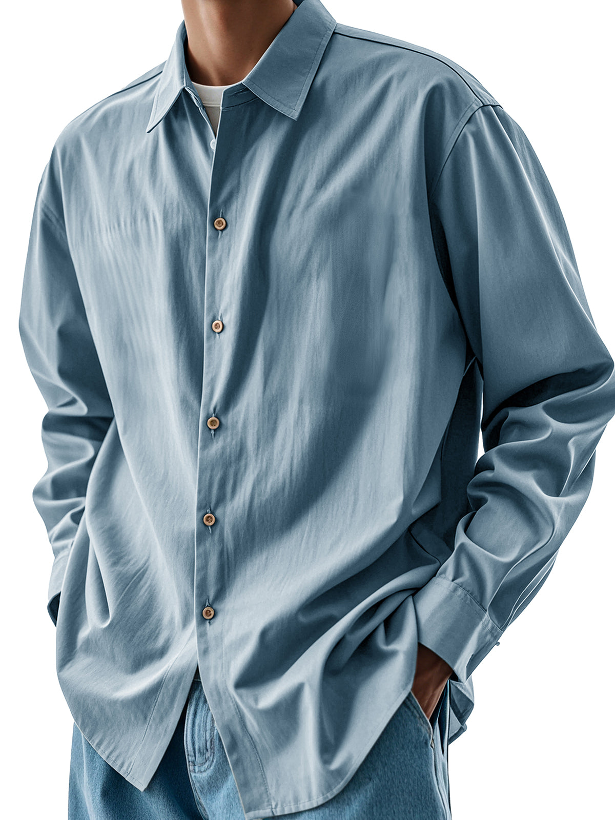 Men's Fashion Retro Pleated Fabric Lapel Long-sleeved Shirt