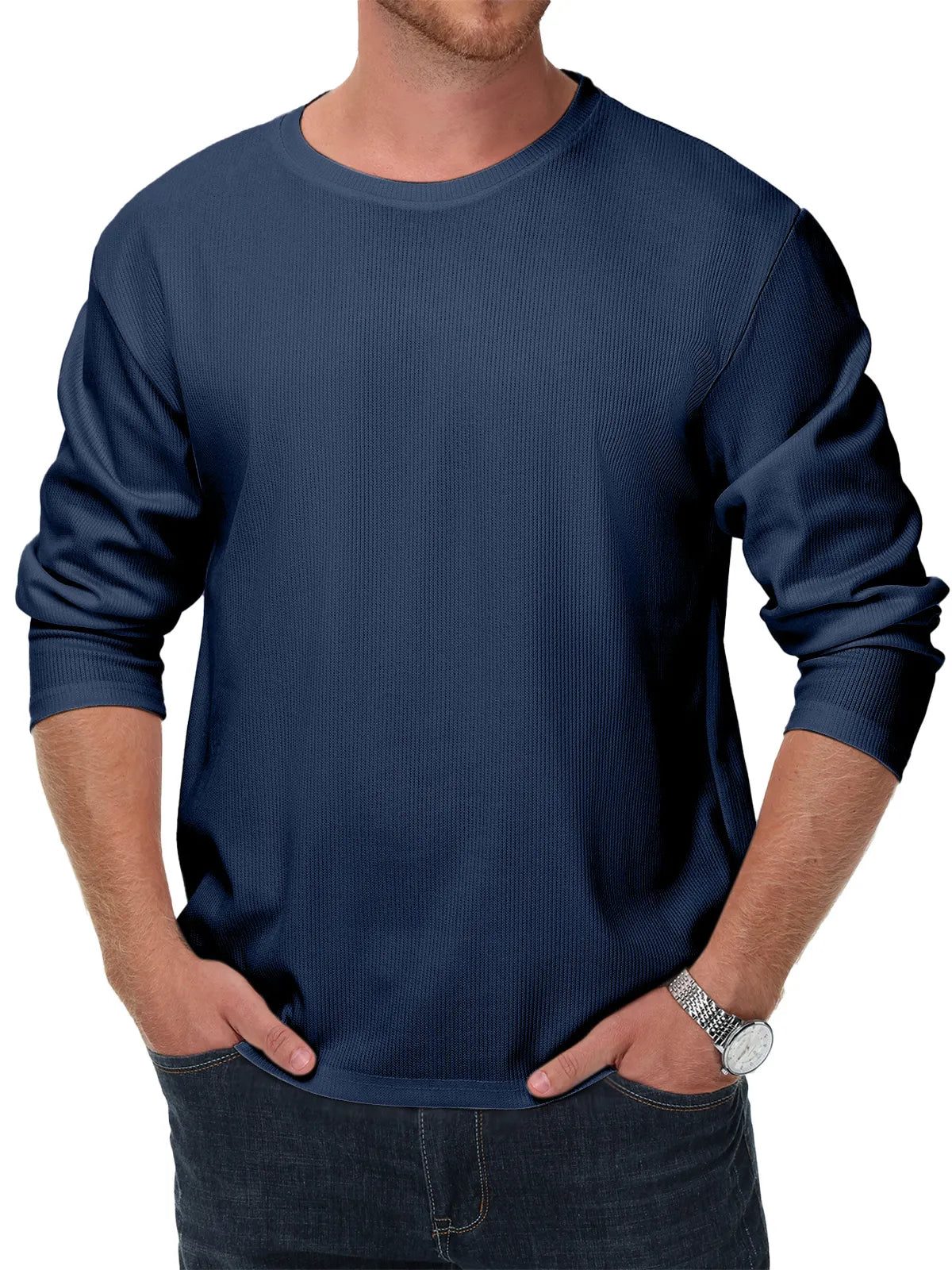 Men's Simple Solid Color Daily Texture Long-sleeved Round Neck T-shirt