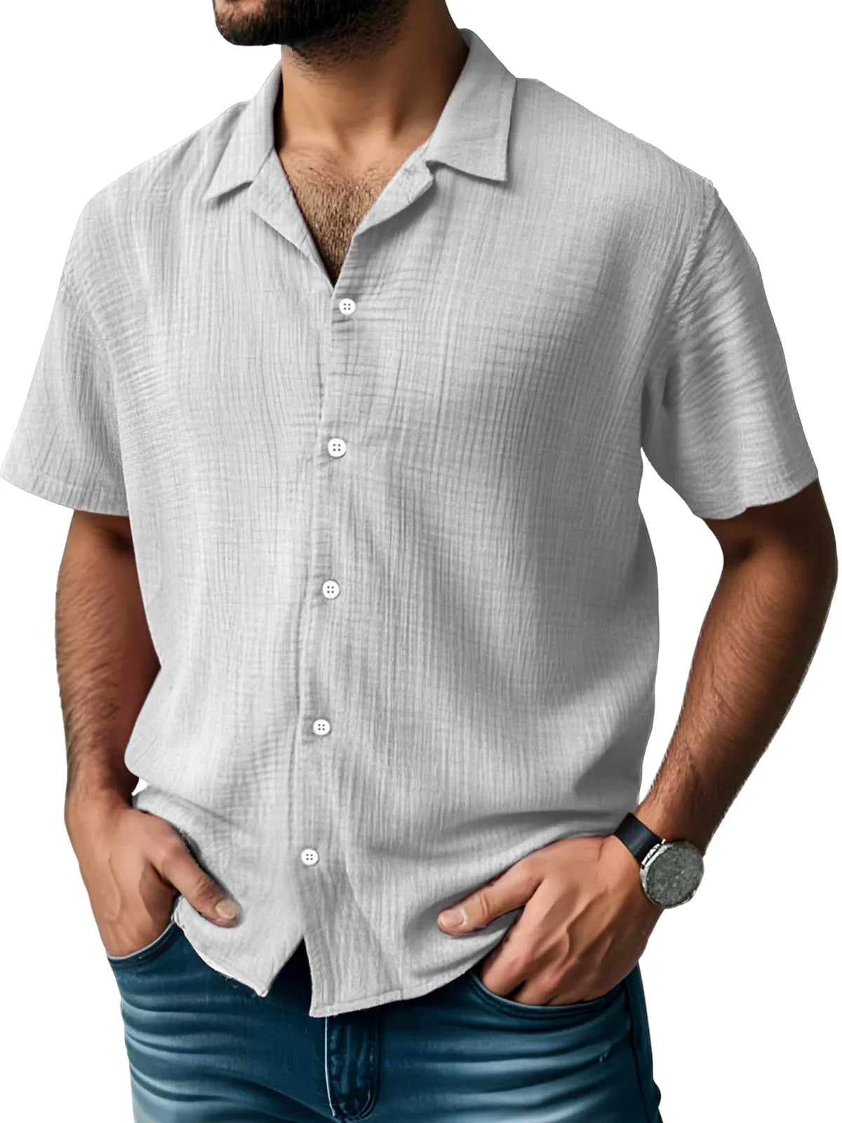 Men's Everyday Solid Color Pleated Texture Short-sleeved Shirt