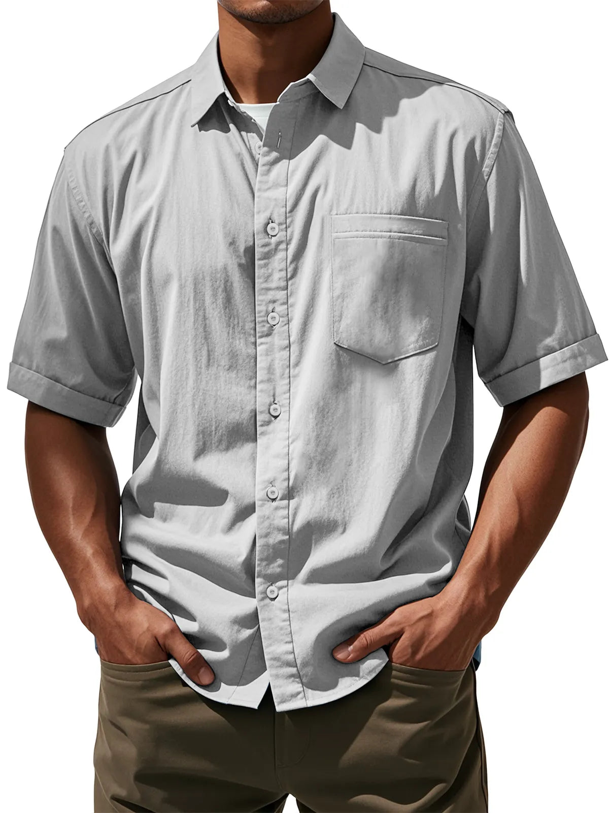 Men's Daily Casual Pocket Solid Color Comfortable Short Sleeve Shirt