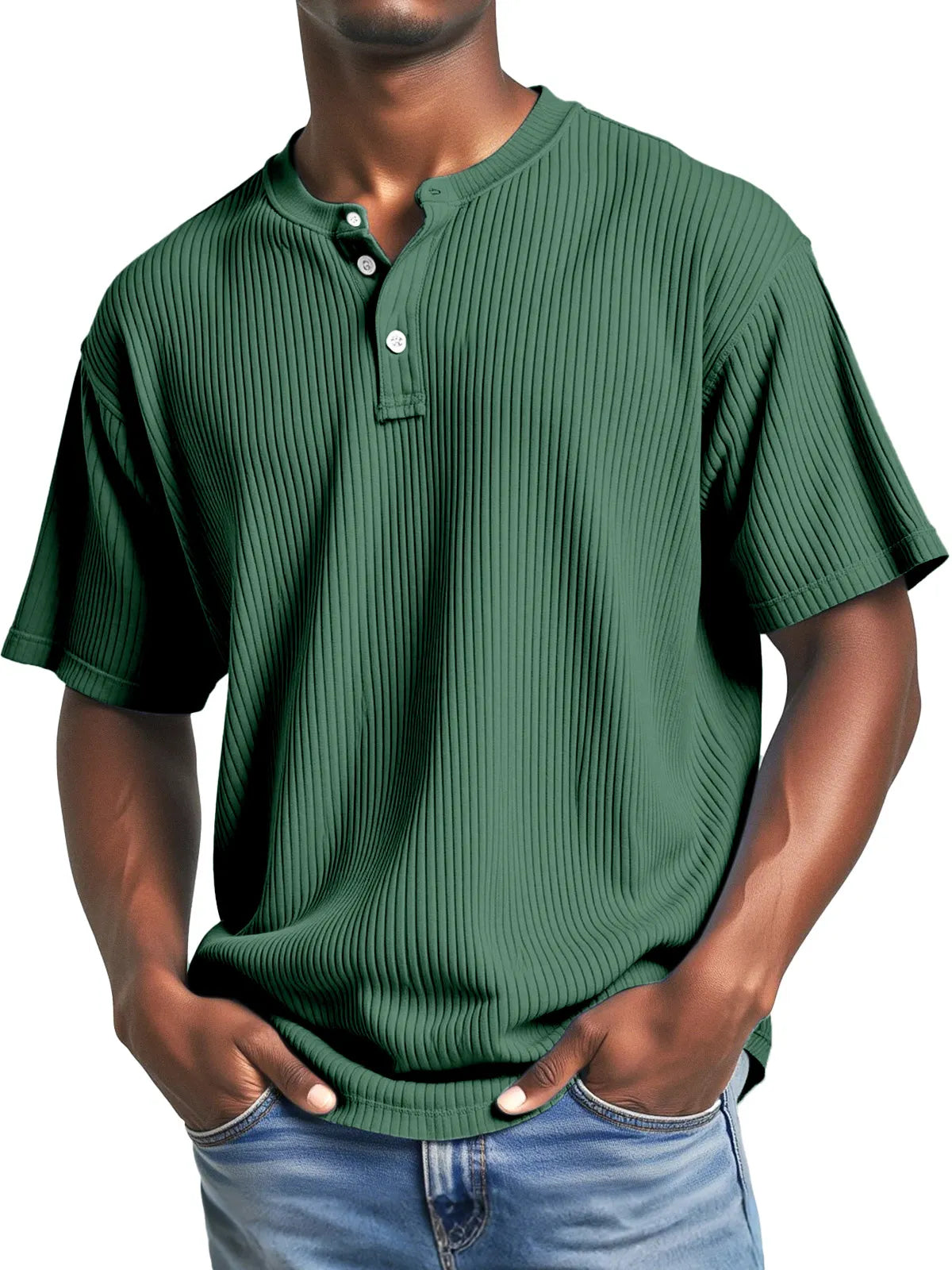 Men's Casual Solid Color Simple Pitted Texture Short-sleeved Henley Shirt