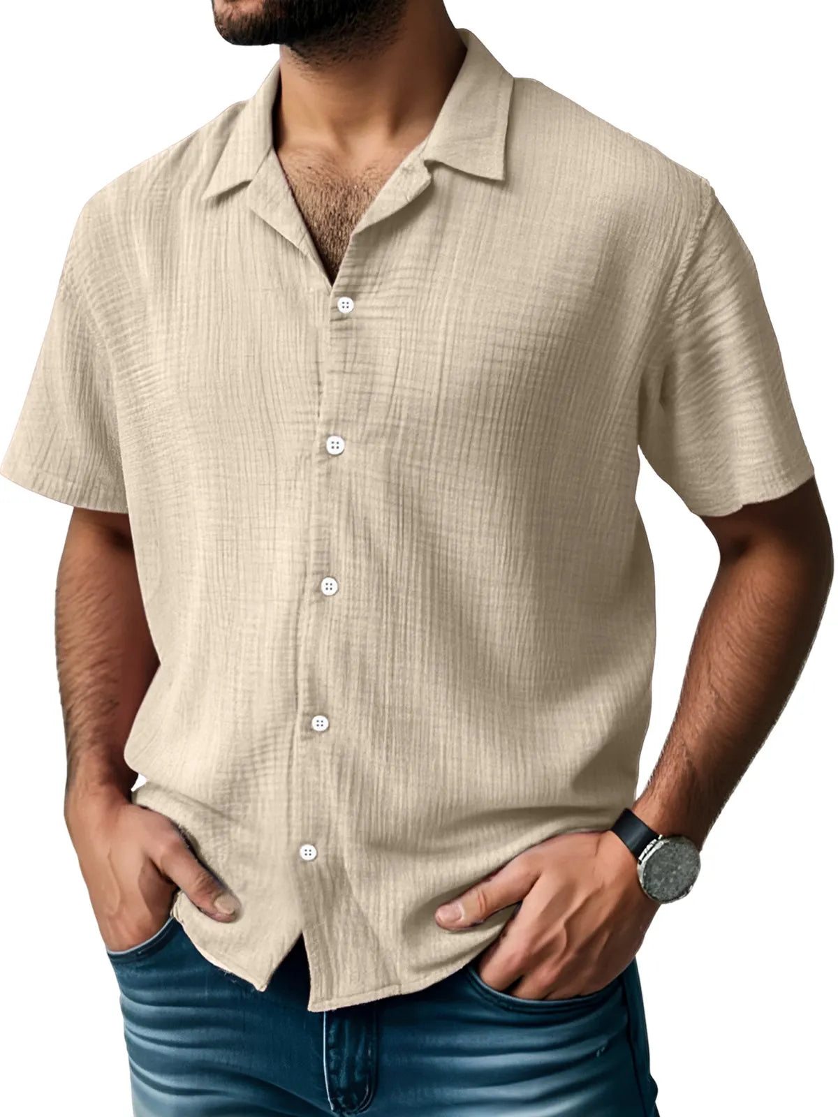 Men's Everyday Solid Color Pleated Texture Short-sleeved Shirt