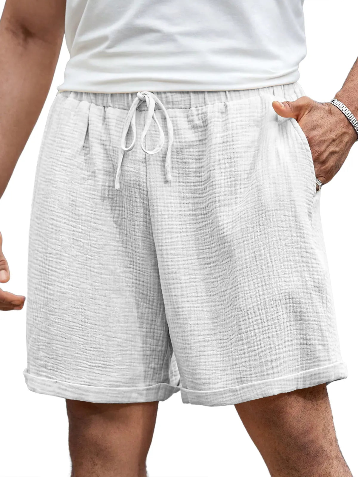 Men's Casual Pleated Elastic Waist Comfort Solid Color Shorts