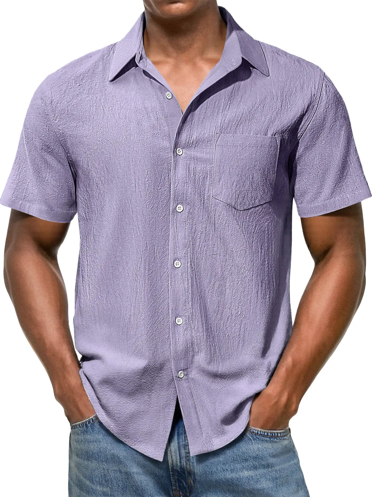Men's Casual Texture Lapel Pocket Solid Color Comfortable Short Sleeve Shirt