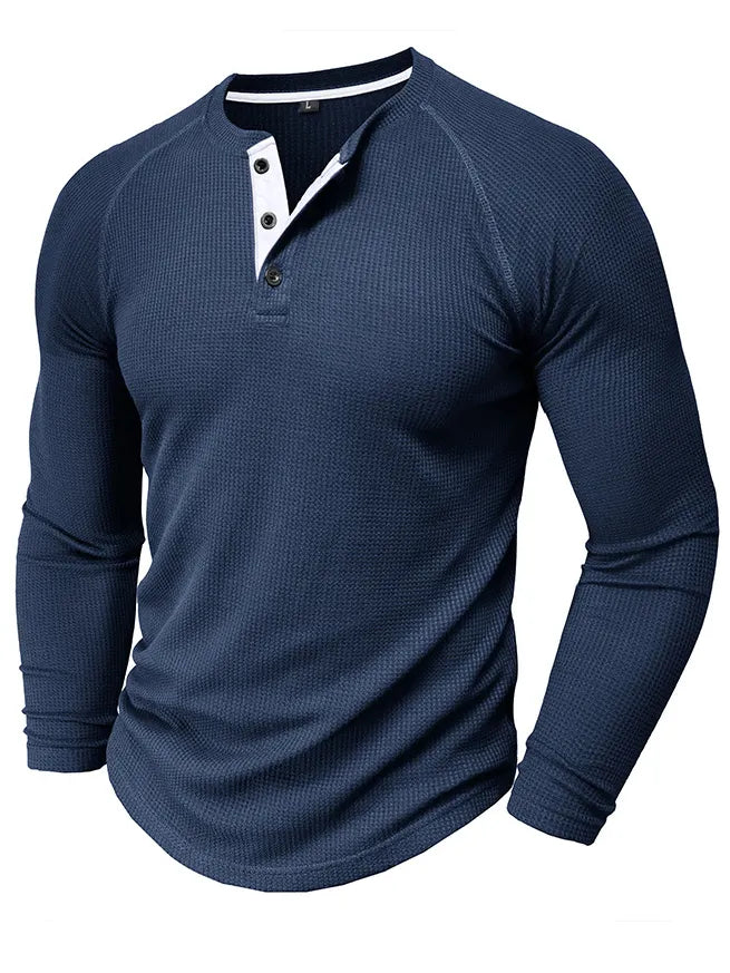 Men's Waffle Henley Collar Textured Long-sleeved Top
