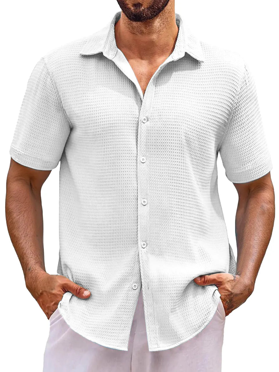 Men's Everyday Loose Solid Color Waffle Short Sleeve Shirt