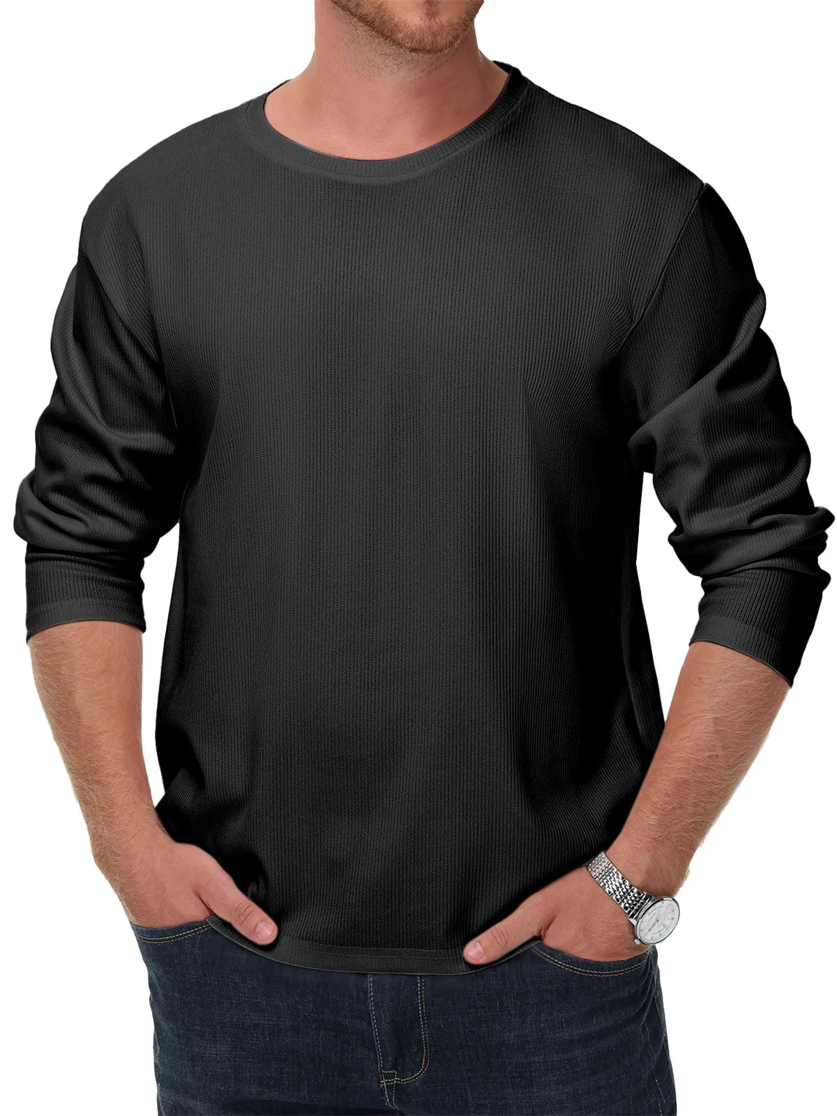 Men's Simple Solid Color Daily Texture Long-sleeved Round Neck T-shirt
