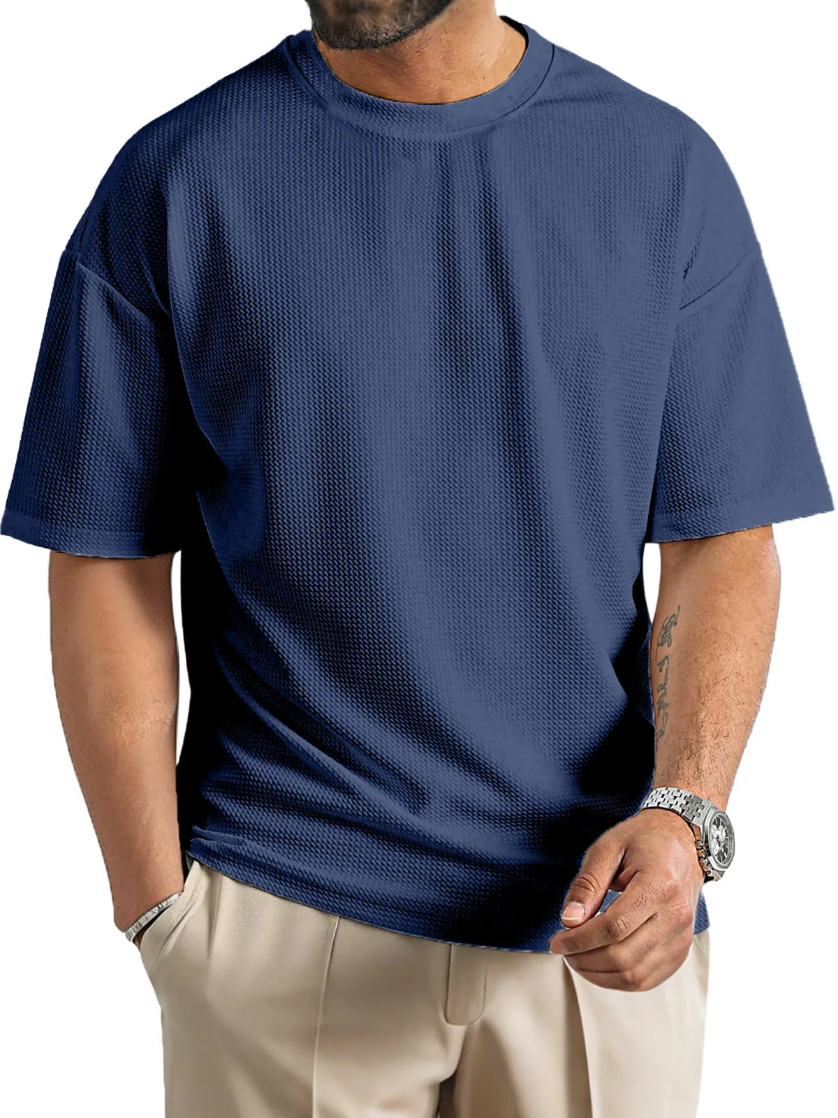 Men's Daily Solid Color Waffle Texture Round Neck Short-sleeved T-shirt