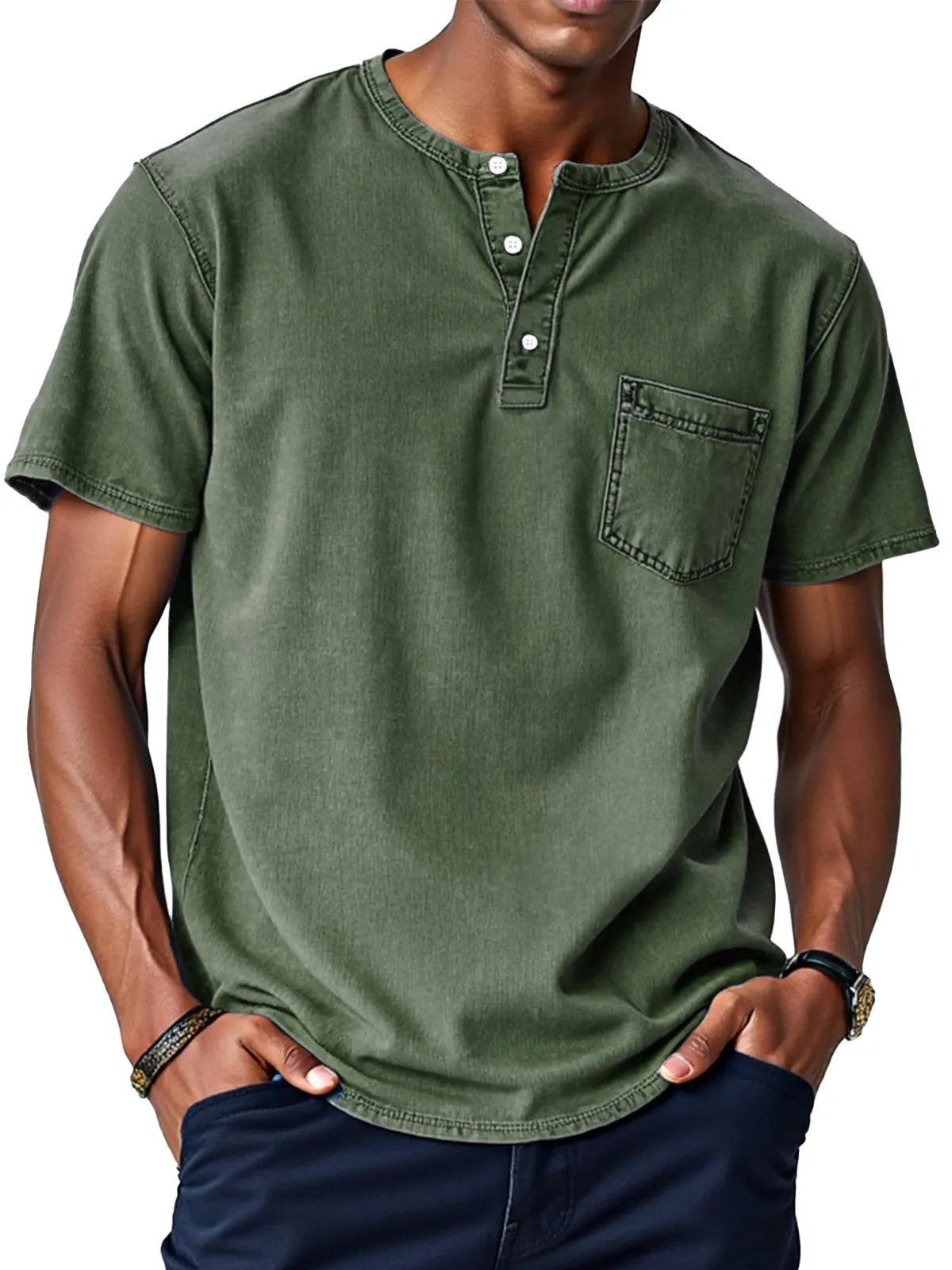 Men's Retro Solid Color Loose Button Stand Collar Short Sleeve Henley Shirt
