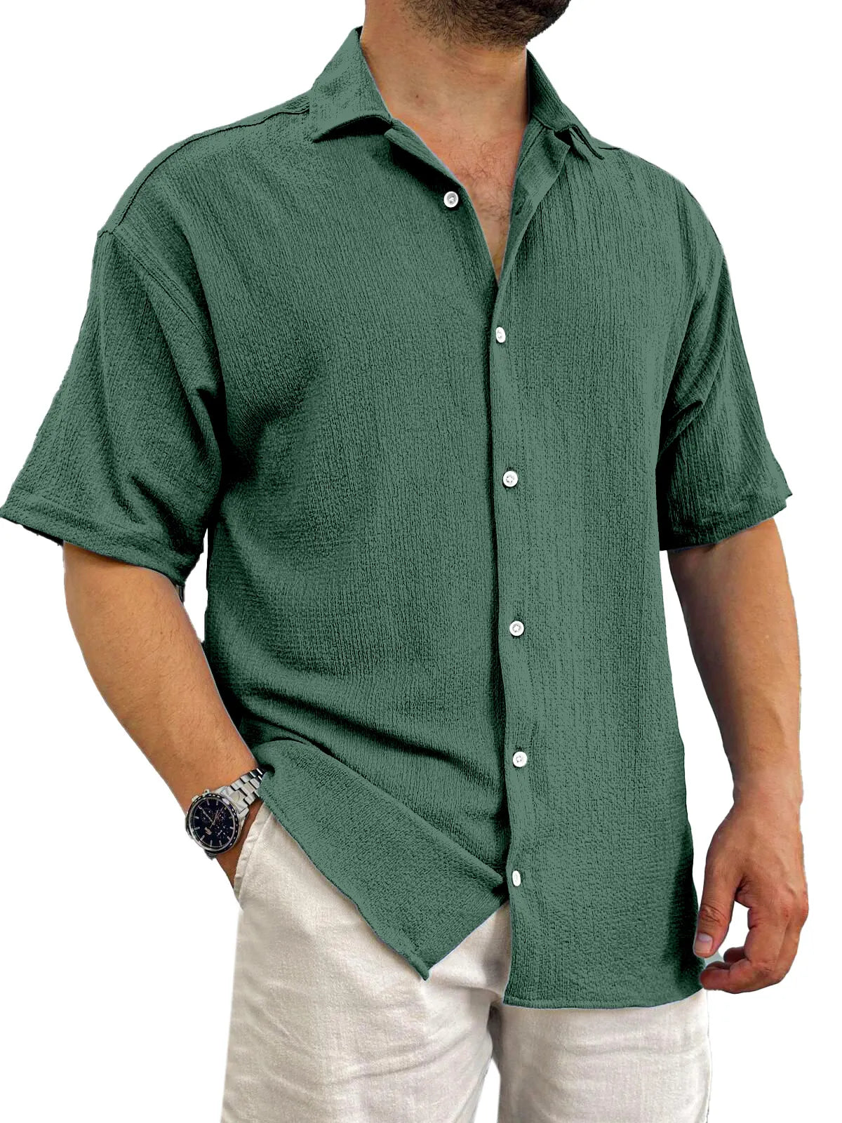 Men's Casual Daily Solid Color Texture Solid Color Short-sleeved Shirt