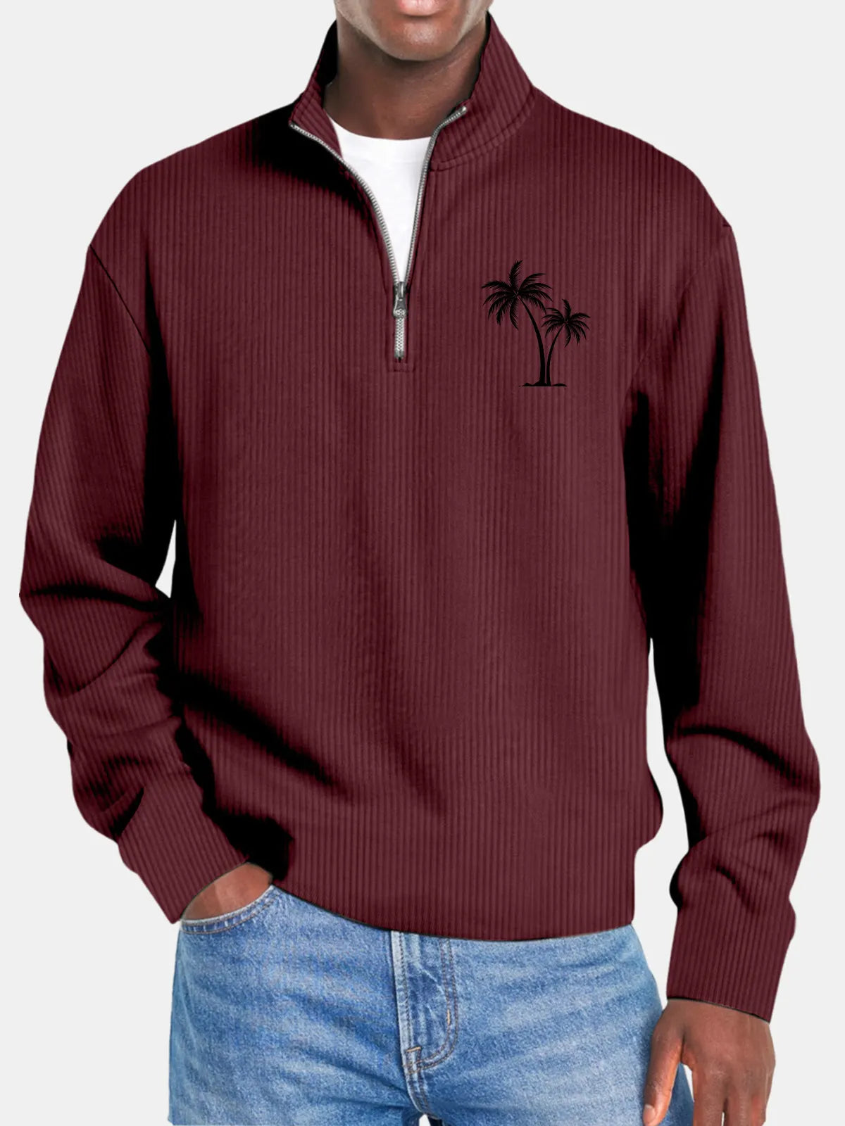 Men's Casual Solid Color Vertical Pit Stripe Coconut Tree Print Zipper Long Sleeve Top