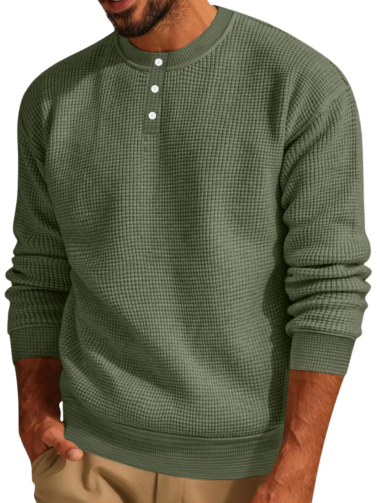 Men's Casual Waffle Solid Button Up Long Sleeve Henley