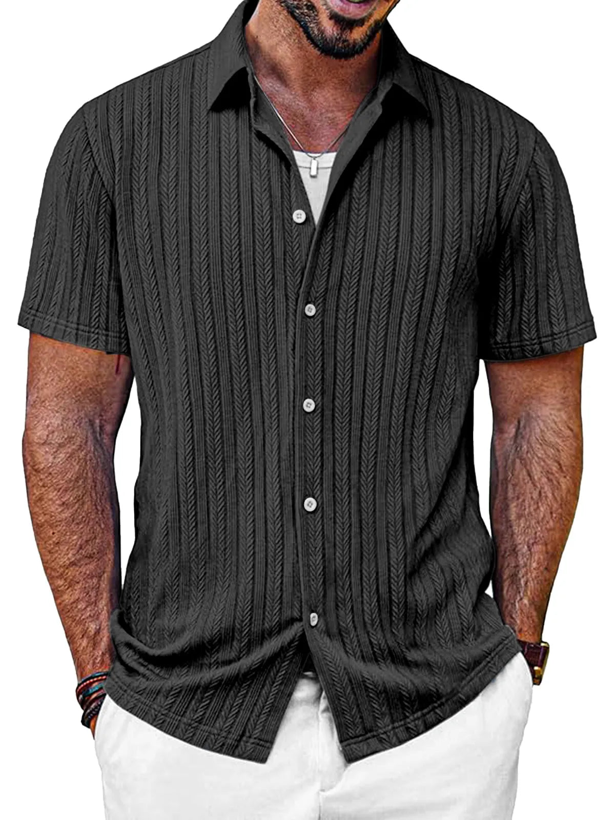Men's Casual Solid Color Textured Short-sleeved Button-down Shirt