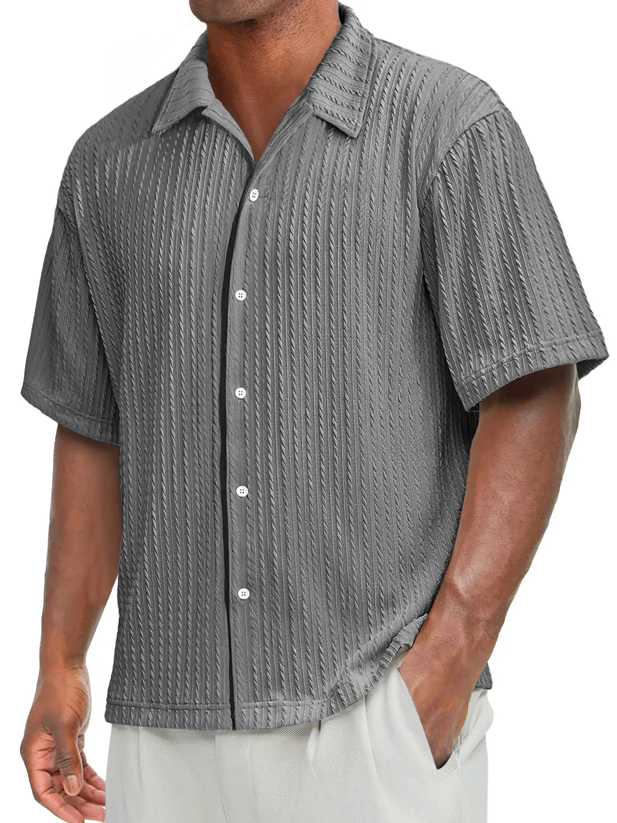 Men's Daily Texture Casual Lapel Solid Color Comfortable Short-sleeved Shirt