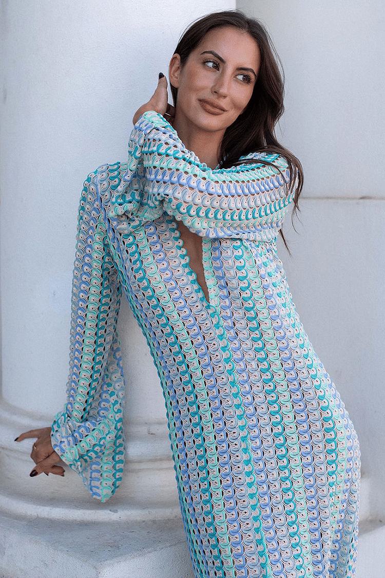 BOHO V NECK BELL SLEEVE WAVY STRIPED CROCHET BEACH VACATION MAXI DRESS