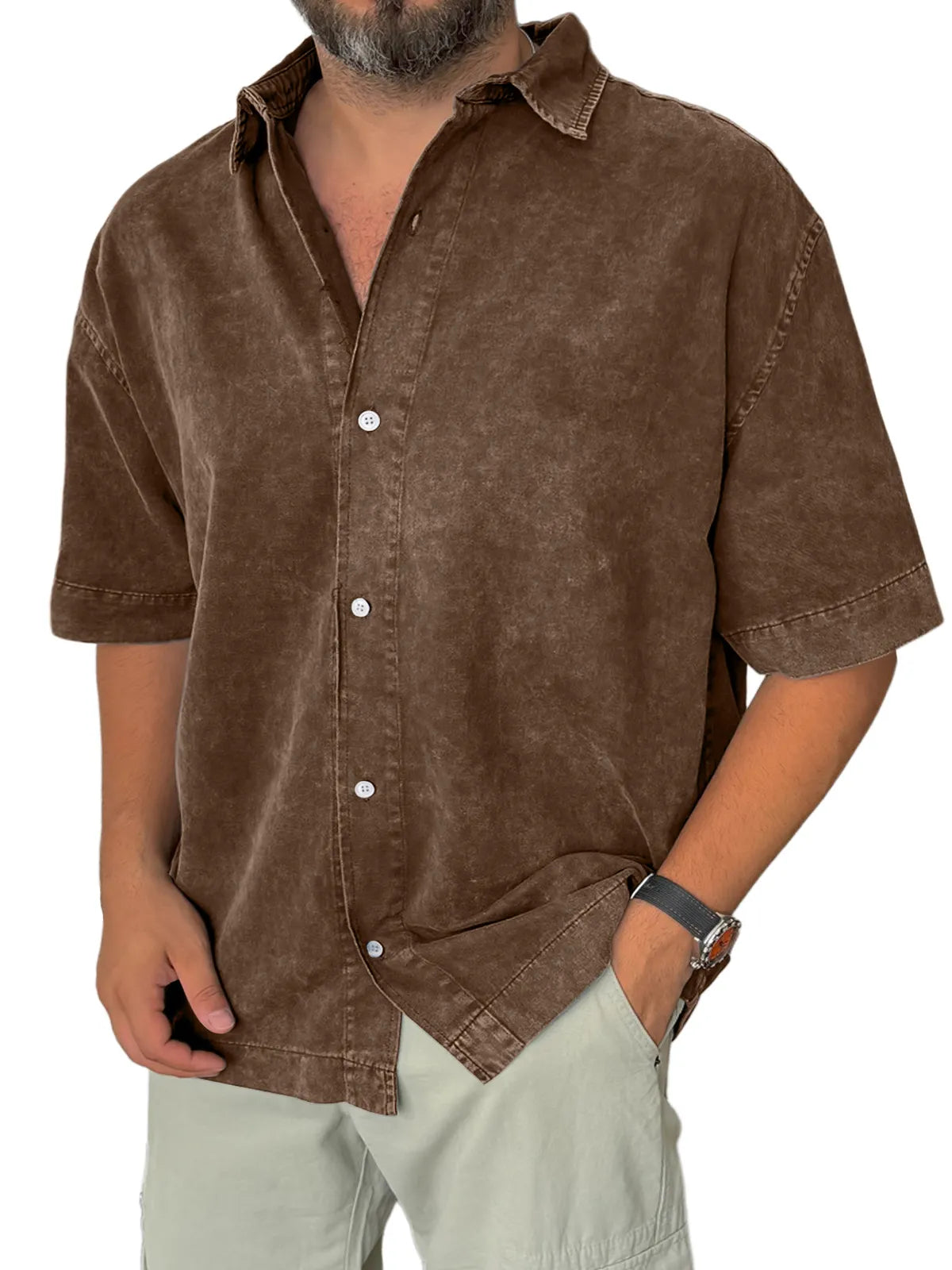 Men's Retro Everyday Casual Lapel Solid Color Short Sleeve Shirt