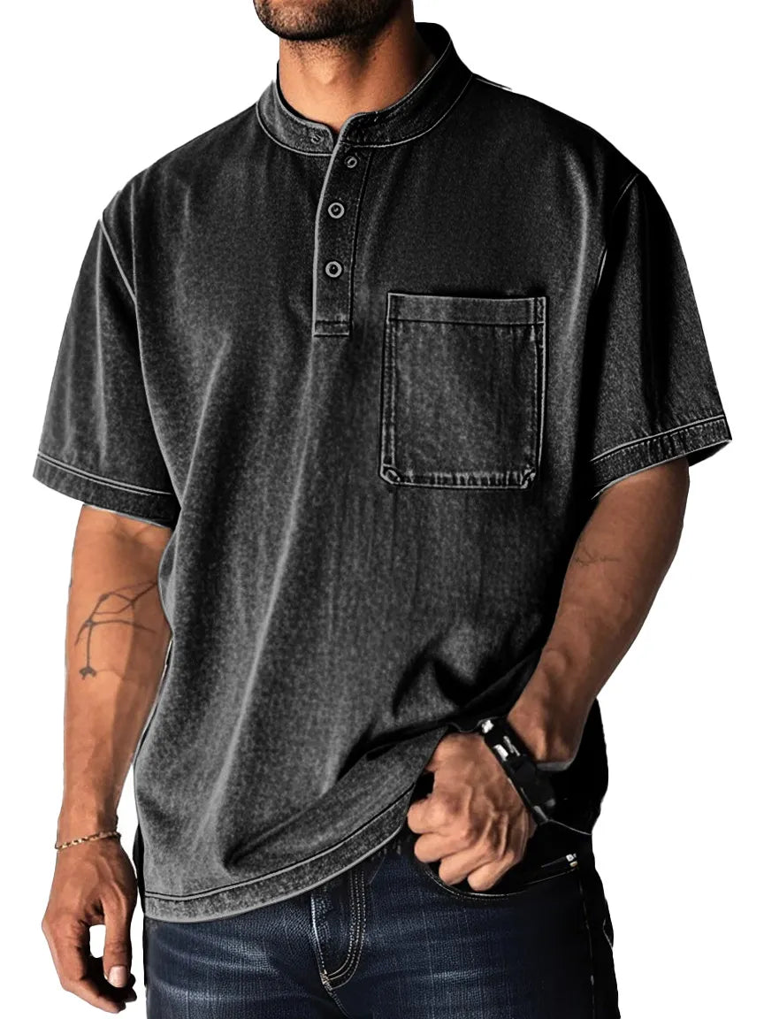 Men's Fashion Retro Distressed Pocket Short Sleeve Lapel Henley Shirt