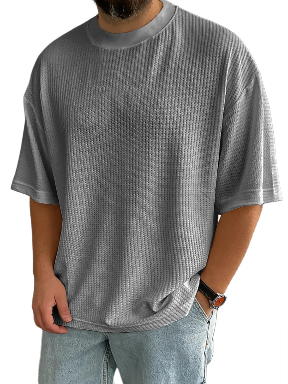 Men's Casual Textured Round Neck Solid Color Short-sleeved T-shirt