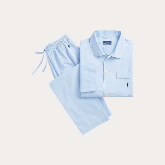 Gingham Poplin Long Sleep Set Light Blue Mini Gingham